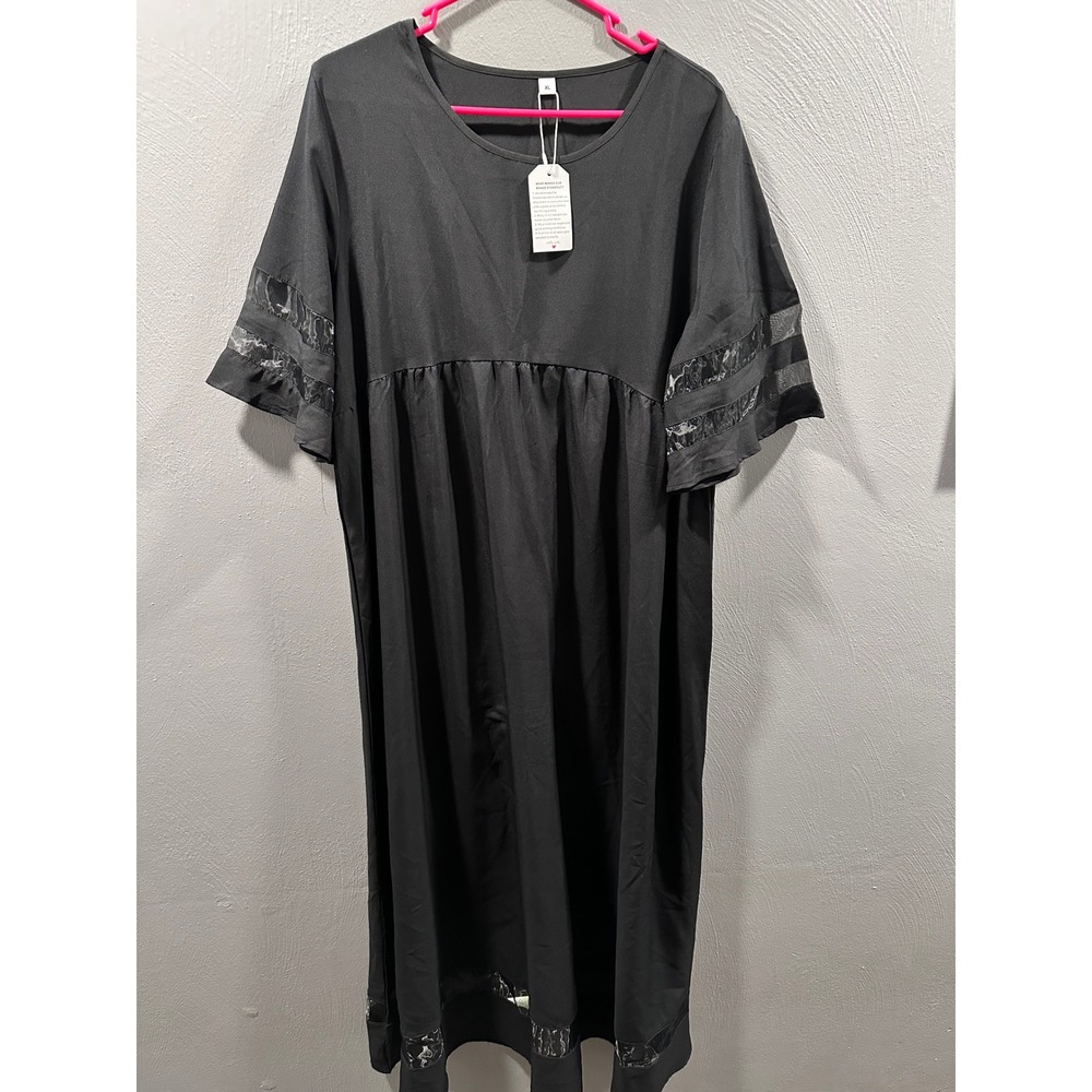 New Black Babydoll Midi Dress Sheer Mesh Panel Short Sleeve Ruffle Hem XL